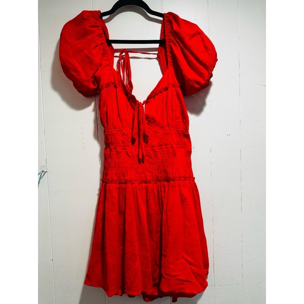 Le Lis Red Puff Sleeve Tie Front Sundress
